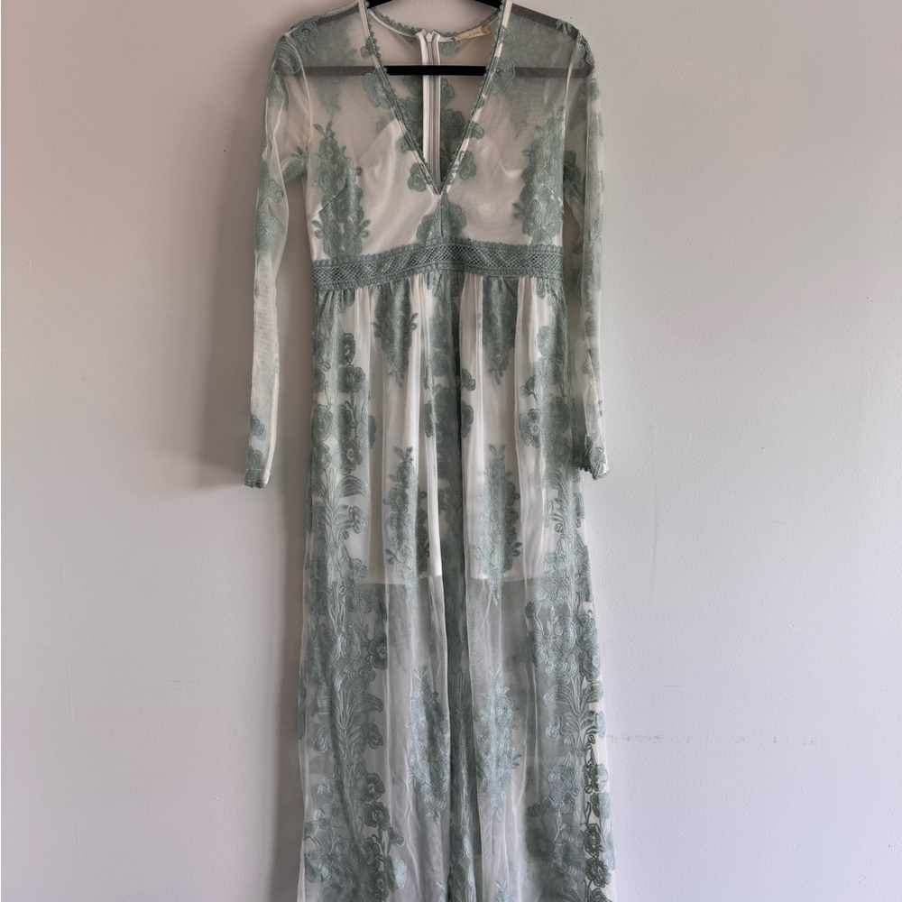 Altar'd State Sheer Long Sleeve Dress with Green Embroidery